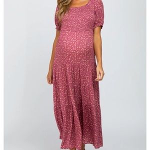 P I N K B L U S H Mauve Floral Square Neck Smoked Maternity Dress